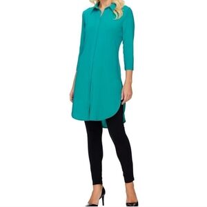 Women with Control Teal Button Up Shirt Tunic Top Blouse Longsleeve Sz L P